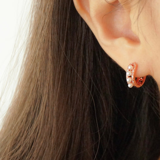 Lorelai Pave Pearl Huggie Earrings (Rose Gold)