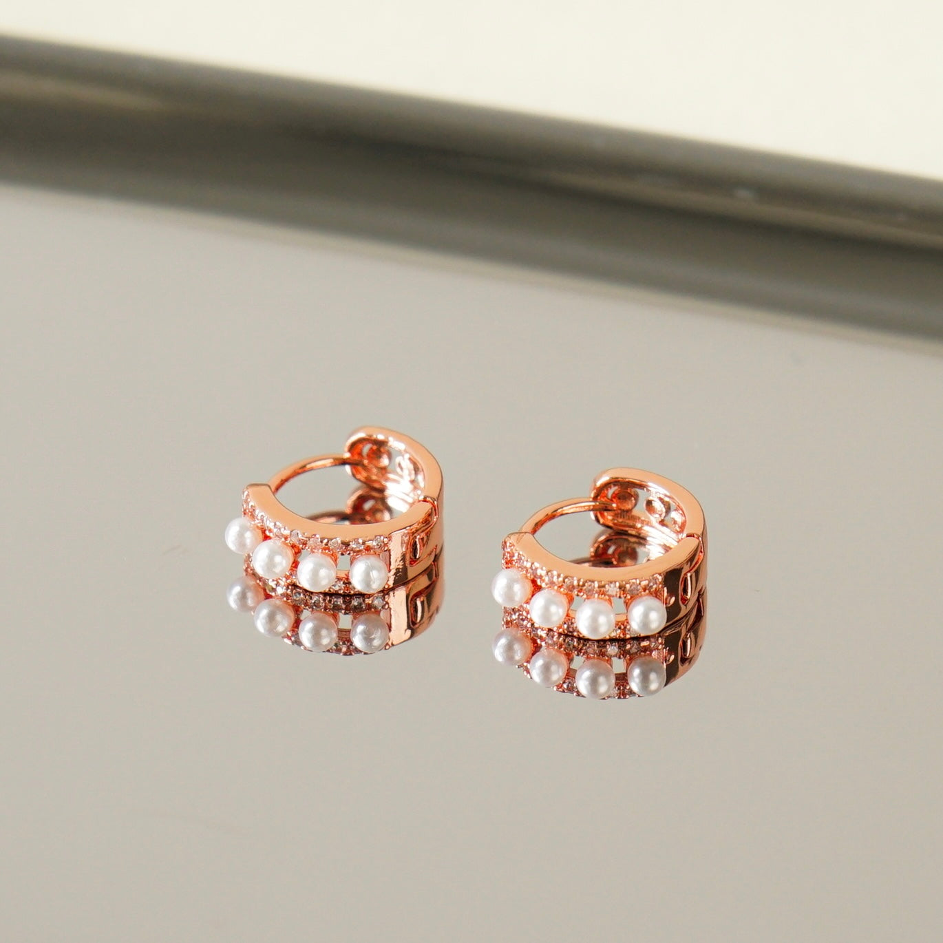 Lorelai Pave Pearl Huggie Earrings (Rose Gold)